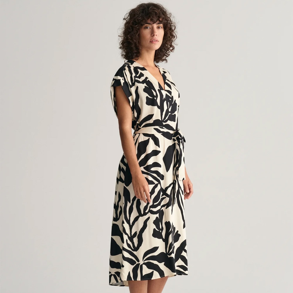 Palm Print Short Sleeve Dress - Soft Oat