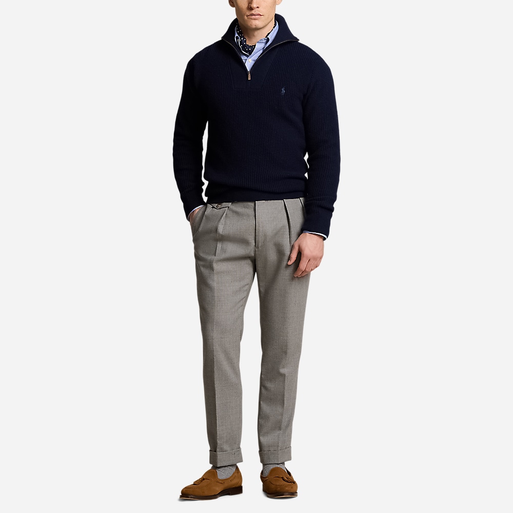 Waffle Wool-Cotton Quarter-Zip Sweater - Hunter Navy