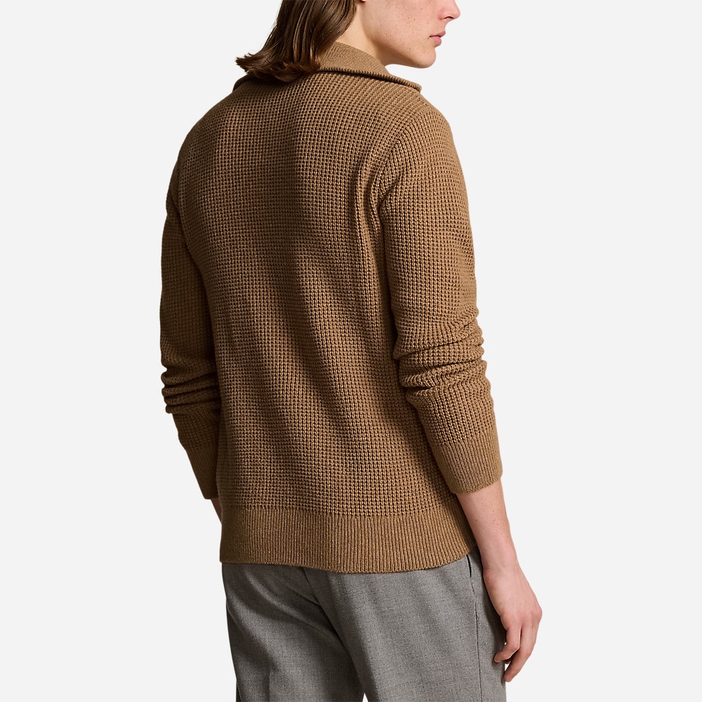 Waffle Wool-Cotton Quarter-Zip Sweater - Brown Sugar Melange