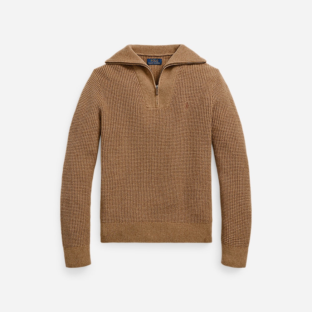 Waffle Wool-Cotton Quarter-Zip Sweater - Brown Sugar Melange