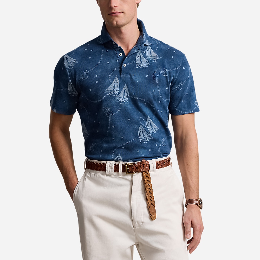 Custom Slim Fit Printed Mesh Polo Shirt - Oceans Voyage/Light Chambray