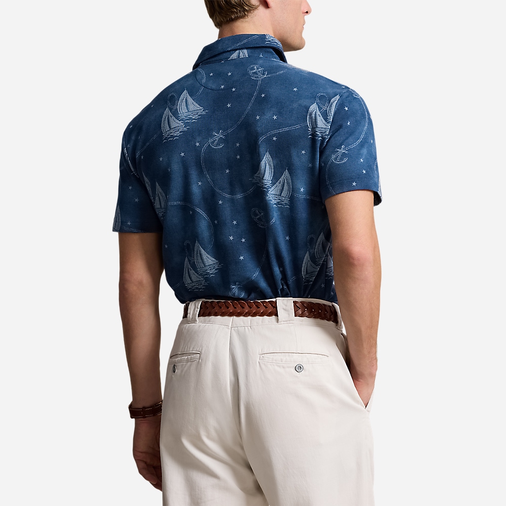 Custom Slim Fit Printed Mesh Polo Shirt - Oceans Voyage/Light Chambray