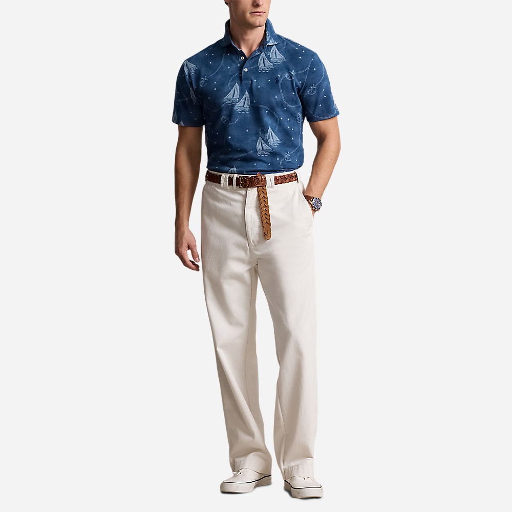 Custom Slim Fit Printed Mesh Polo Shirt - Oceans Voyage/Light Chambray