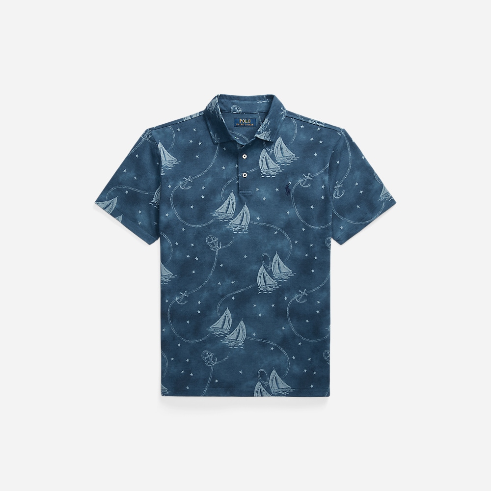 Custom Slim Fit Printed Mesh Polo Shirt - Oceans Voyage/Light Chambray