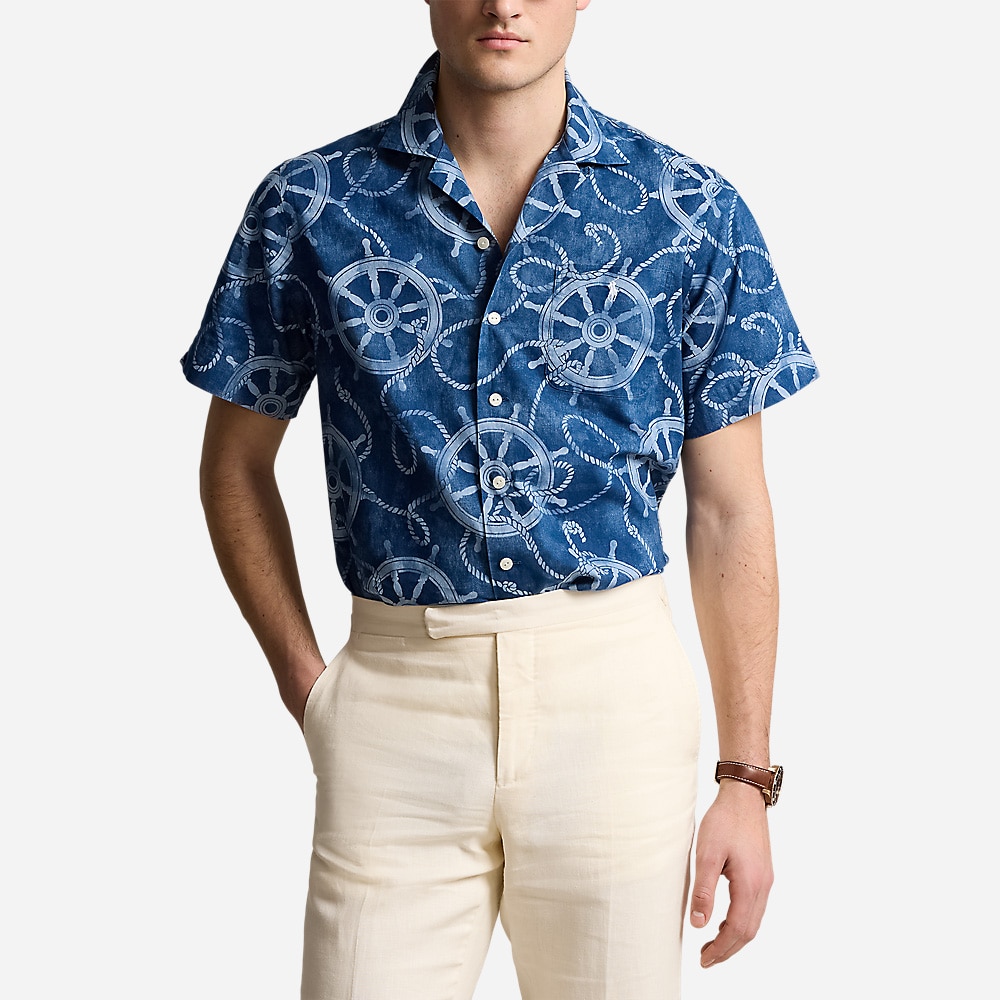 Classic Fit Cotton-Linen Camp Shirt - Ropes & Ship Wheel