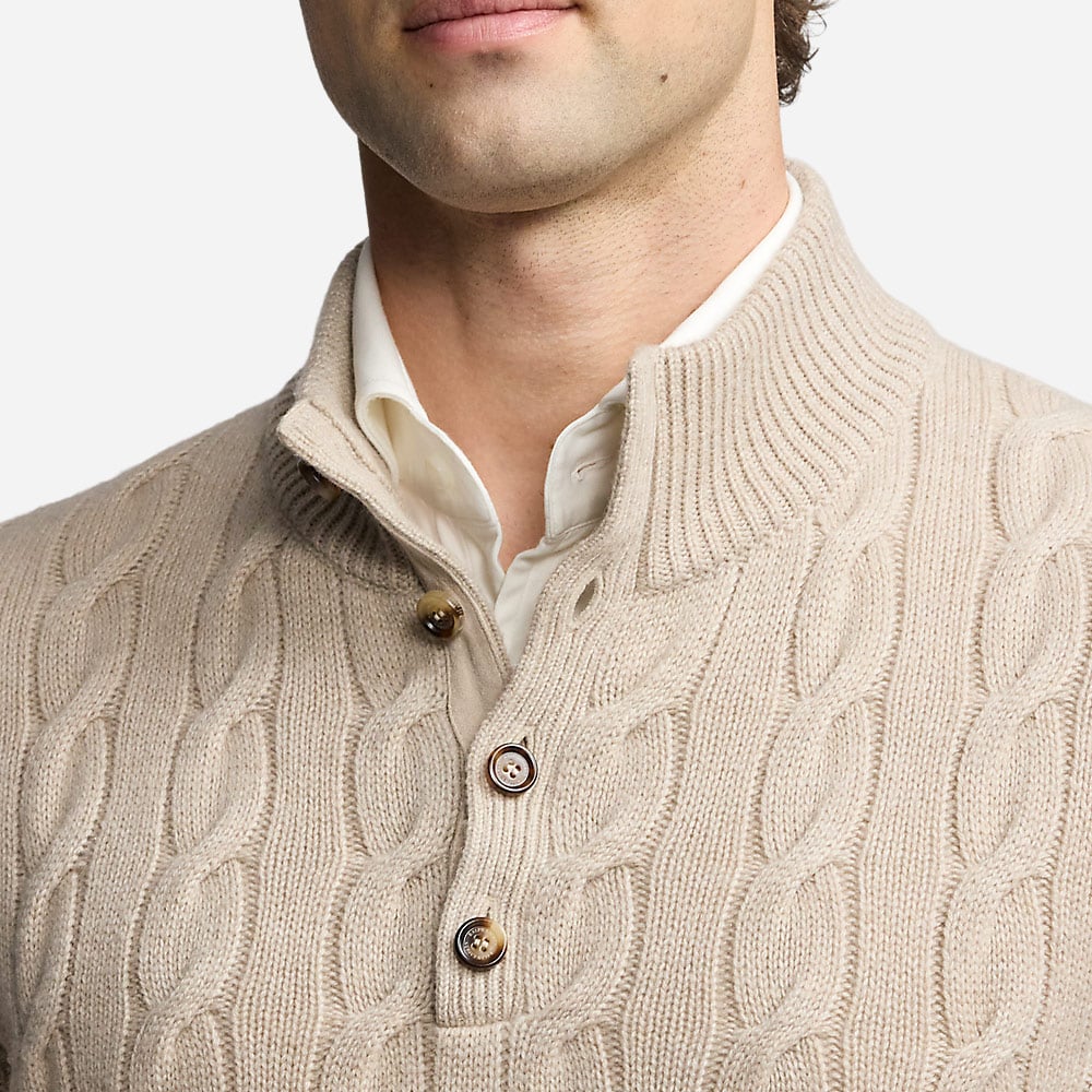 Cable-Knit Cashmere Mockneck Sweater - Oatmeal Melange