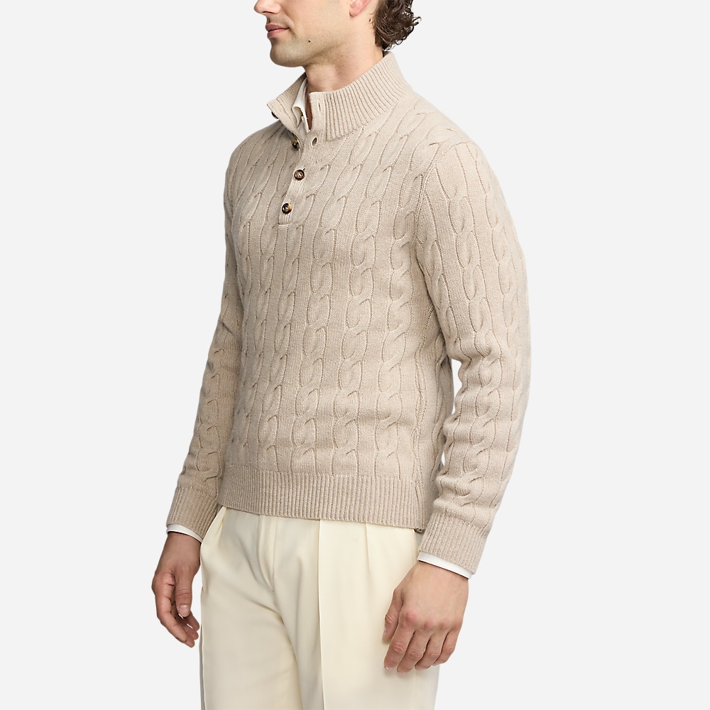Cable-Knit Cashmere Mockneck Sweater - Oatmeal Melange