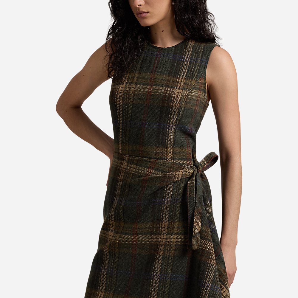 Plaid Faux-Wrap Sleeveless Dress - Green Multi Plaid