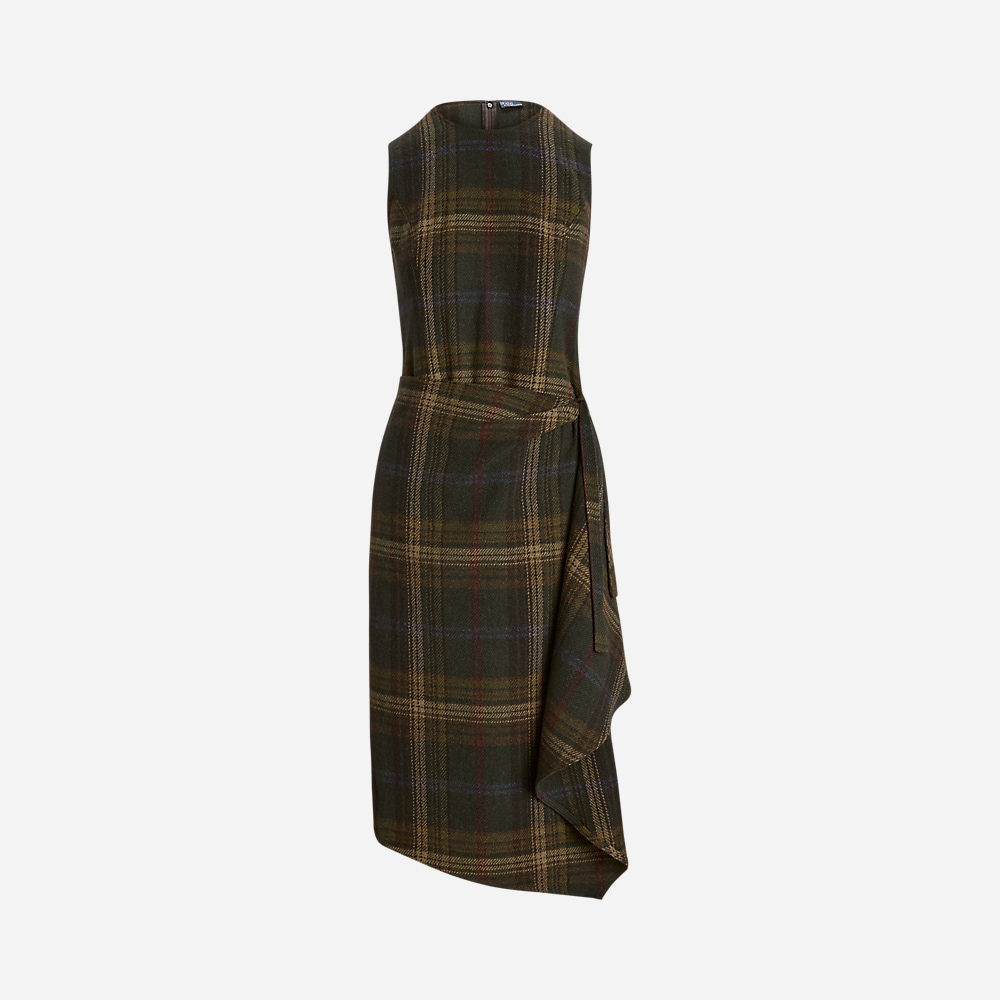 Plaid Faux-Wrap Sleeveless Dress - Green Multi Plaid