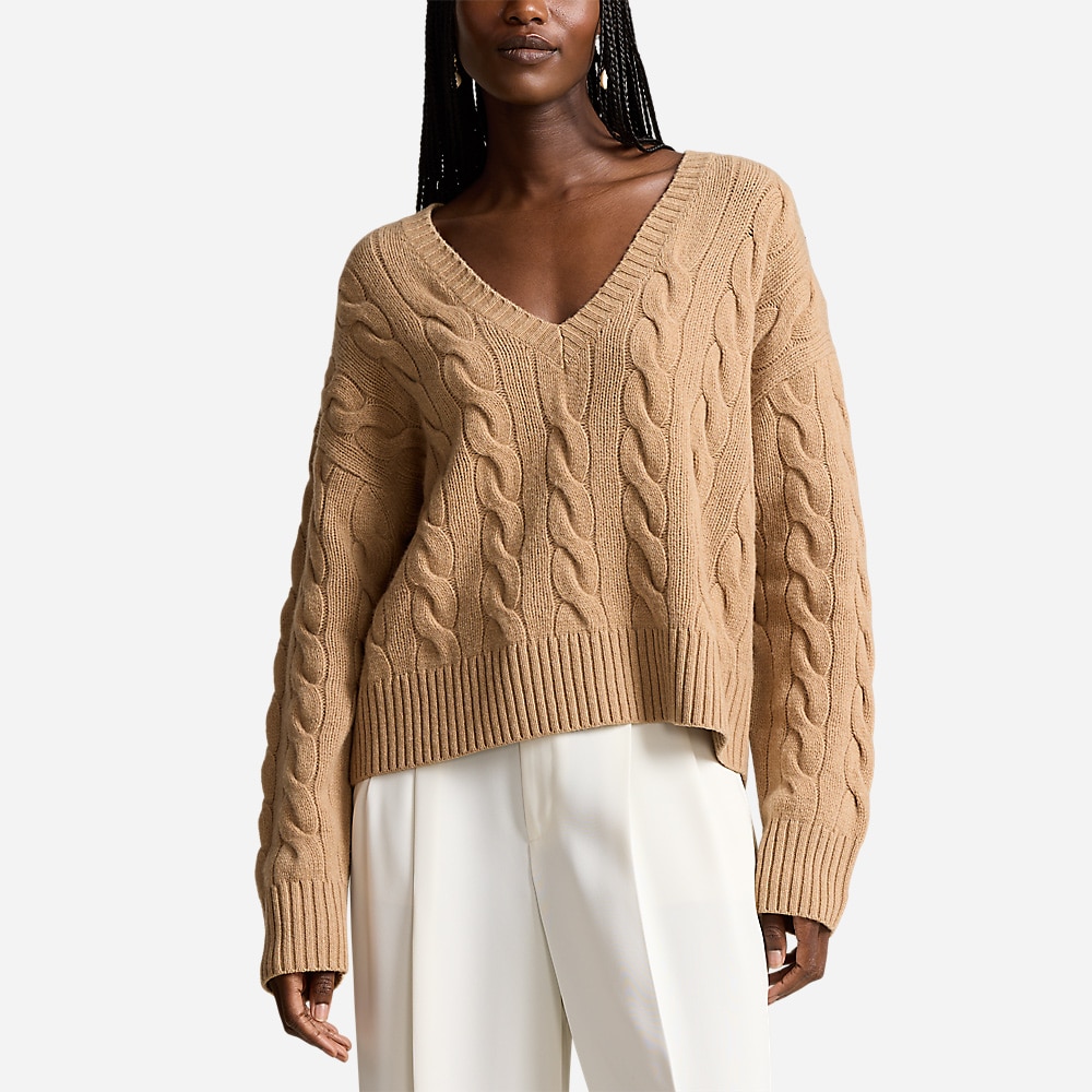 Cable-Knit Wool-Cashmere V-Neck Sweater - Collection Camel Melange