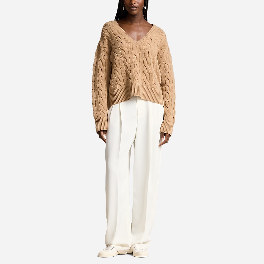 Cable-Knit Wool-Cashmere V-Neck Sweater - Collection Camel Melange