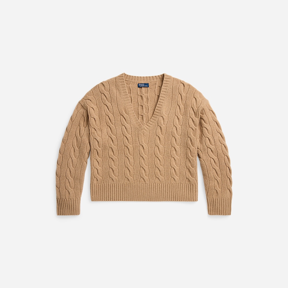 Cable-Knit Wool-Cashmere V-Neck Sweater - Collection Camel Melange