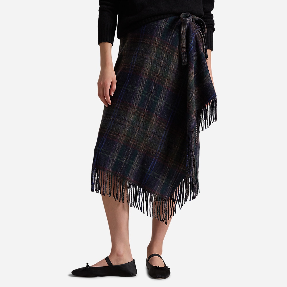 Fringe-Trim Plaid Wrap Skirt - Plaid Multi
