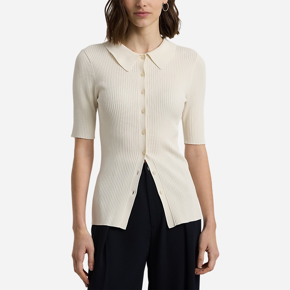 Rib-Knit Elbow-Sleeve Polo Cardigan - Mascarpone Cream