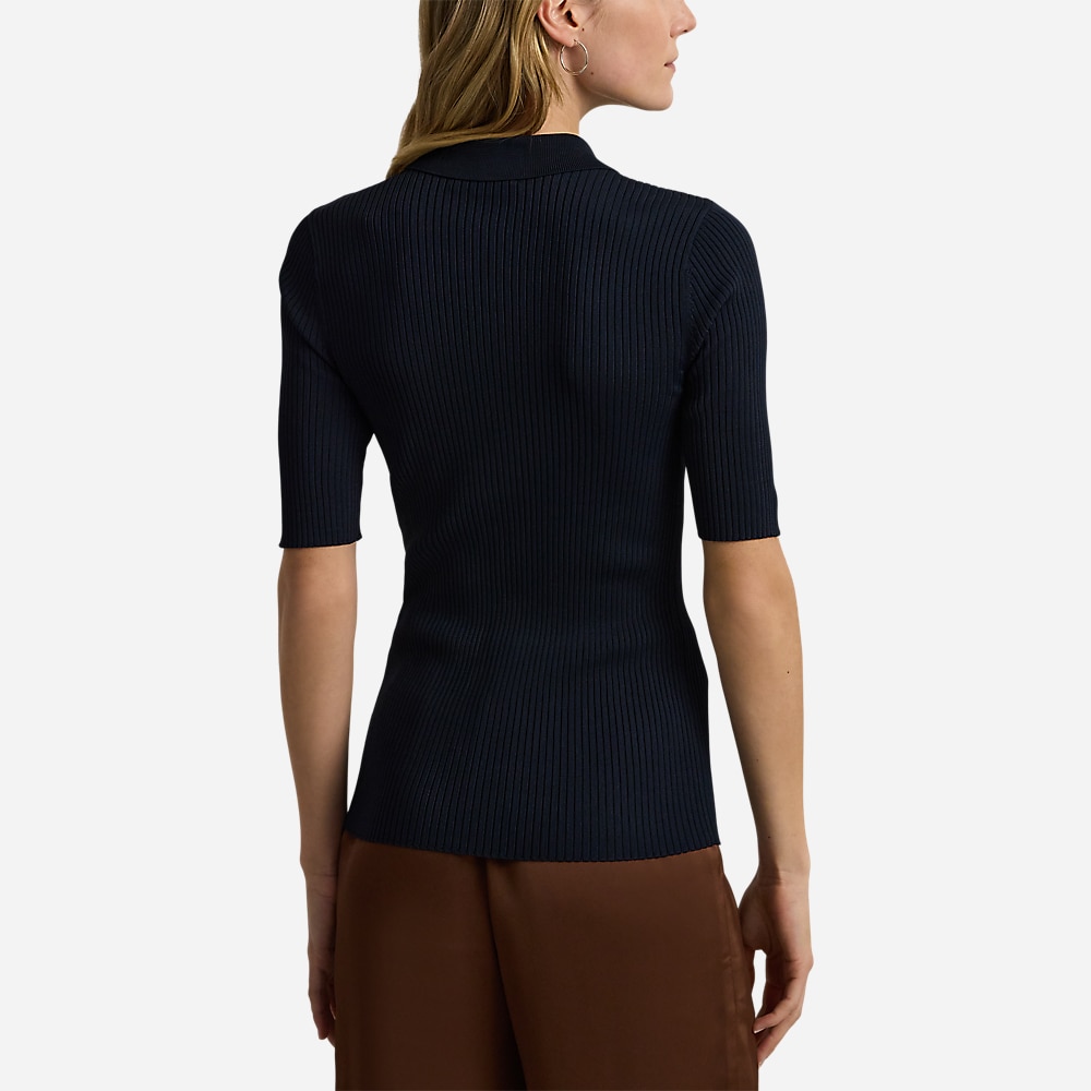 Rib-Knit Elbow-Sleeve Polo Cardigan - Lauren Navy