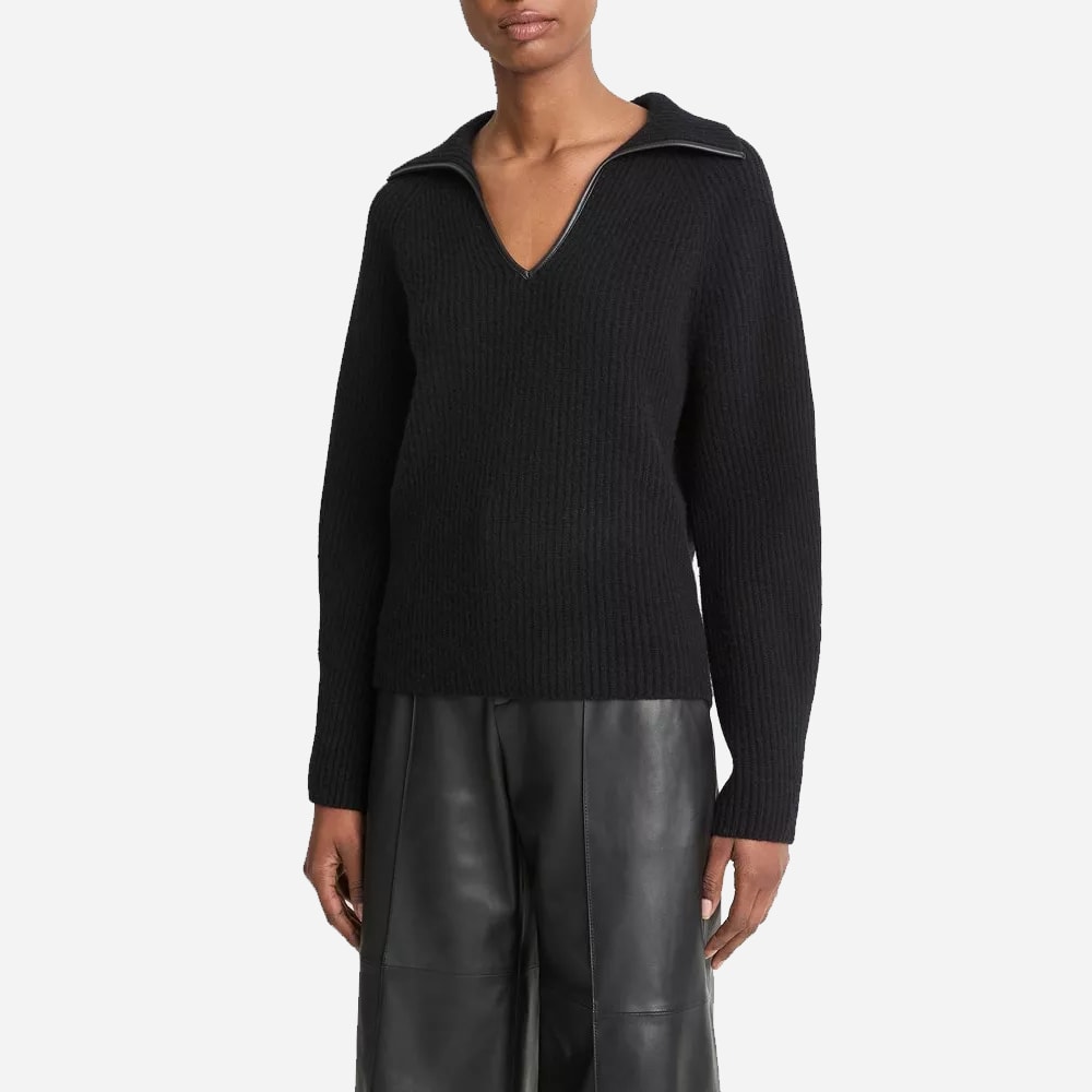 Black sweater with leather trim deals