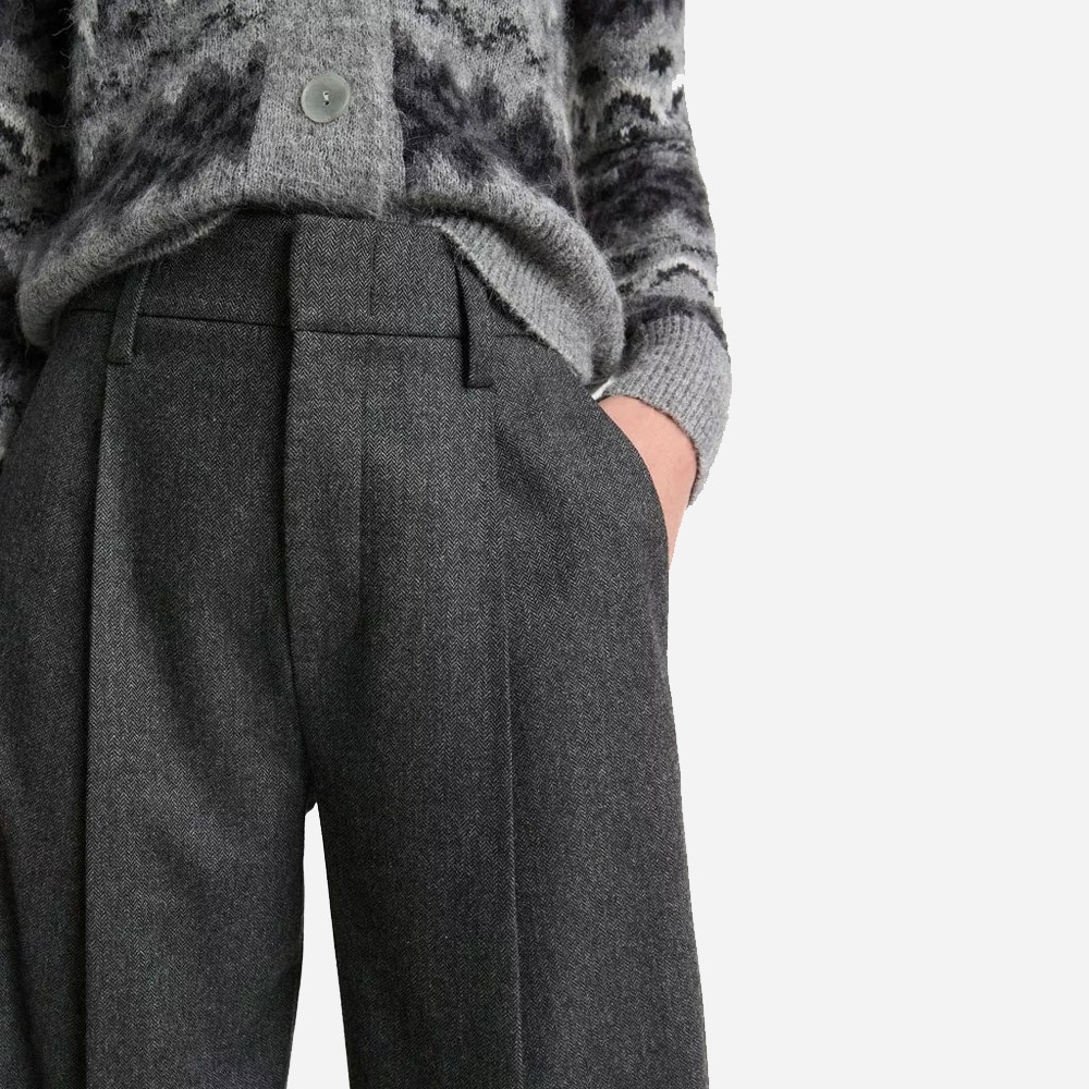 Italian Herringbone Wool-Blend High-Rise Trouser - Charcoal