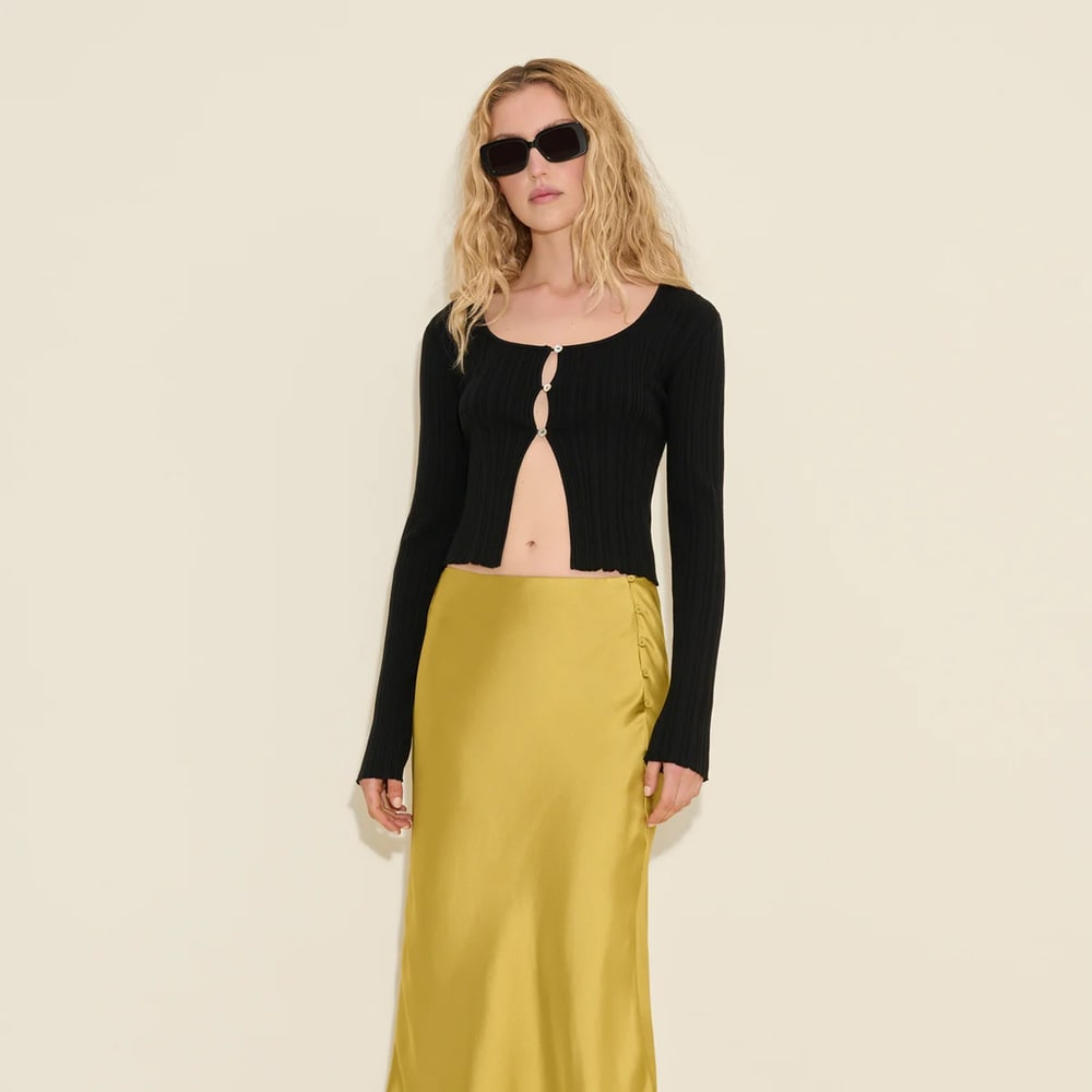 Uneven Rib Knit Cardigan - Black