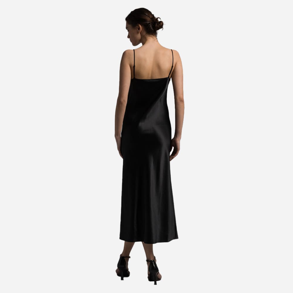 Clea Silk Satin Flared Dress - Black
