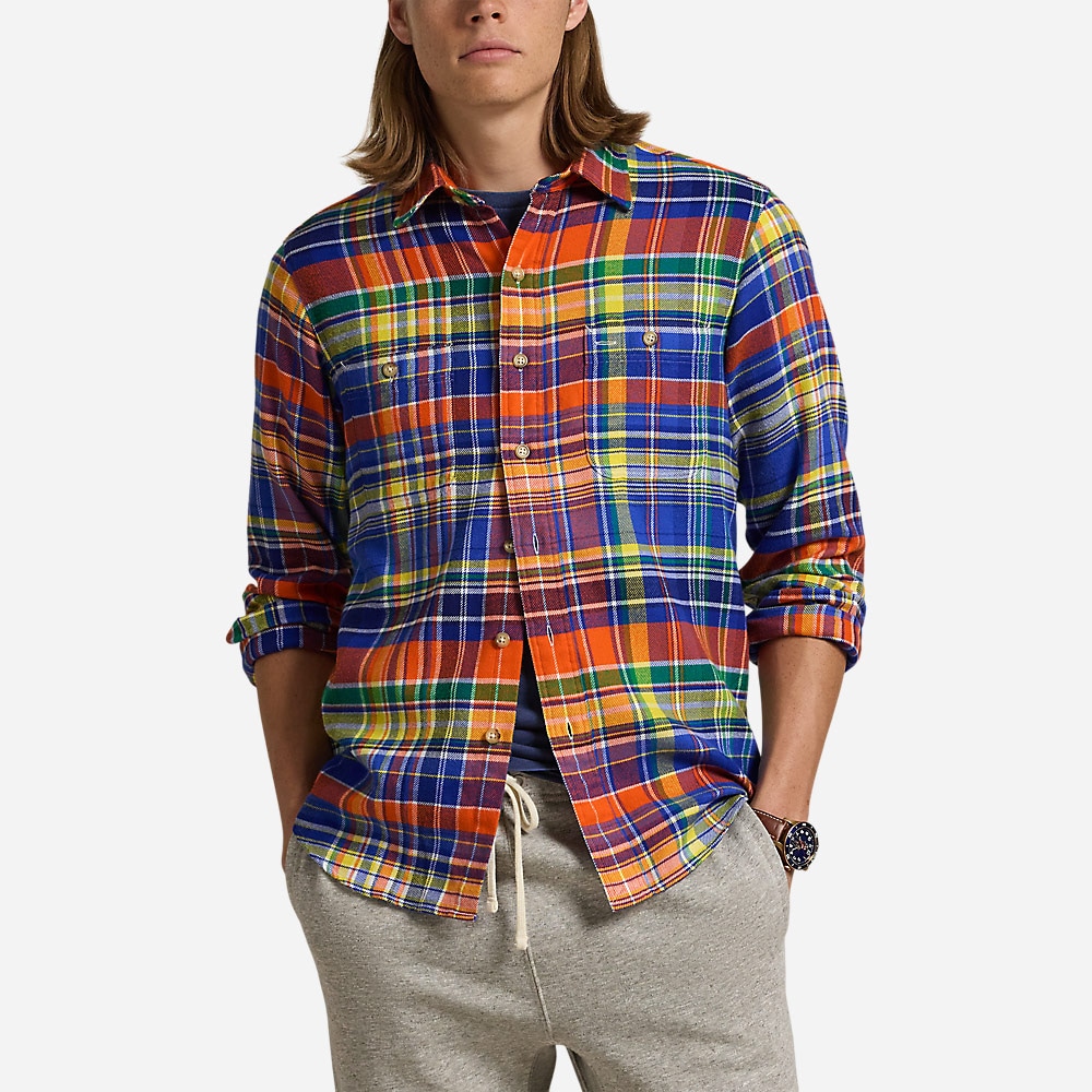 Classic Fit Plaid Twill Workshirt - Orange/Royal Multi