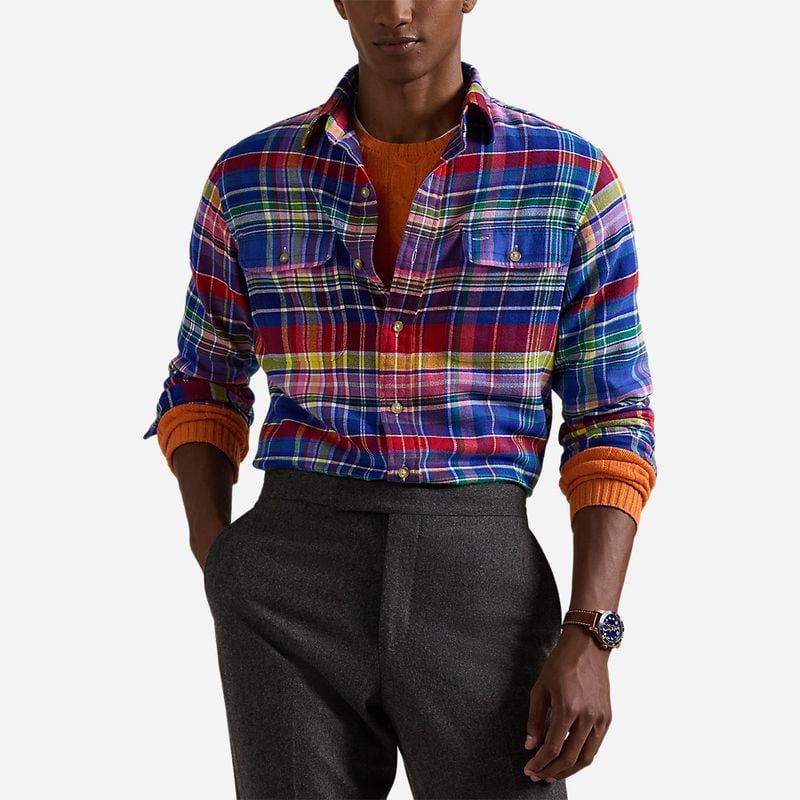 Classic Fit Plaid Twill Workshirt - Red/Royal Multi