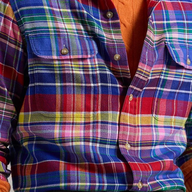 Classic Fit Plaid Twill Workshirt - Red/Royal Multi