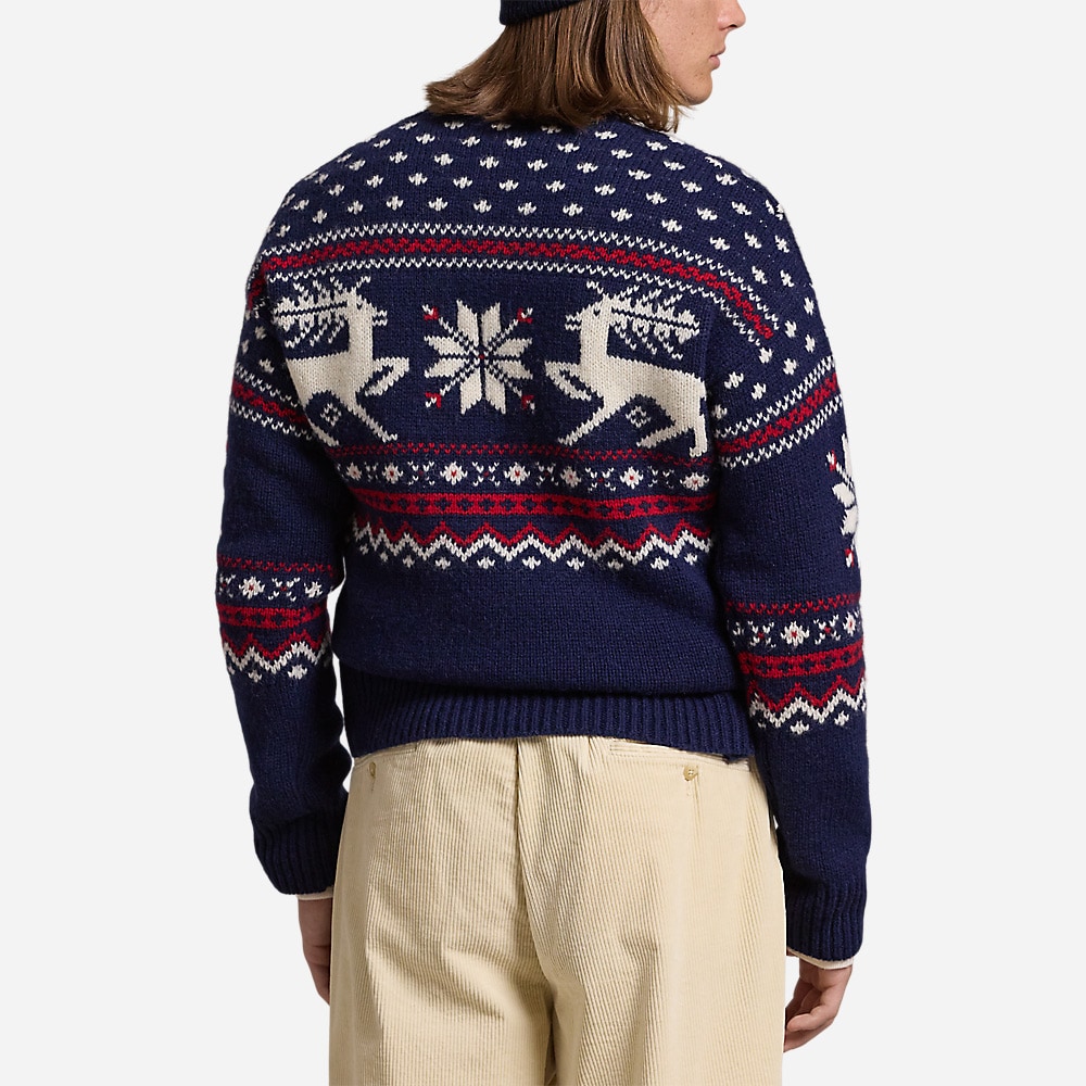 Reindeer-Patterned Wool Sweater - Navy Combo