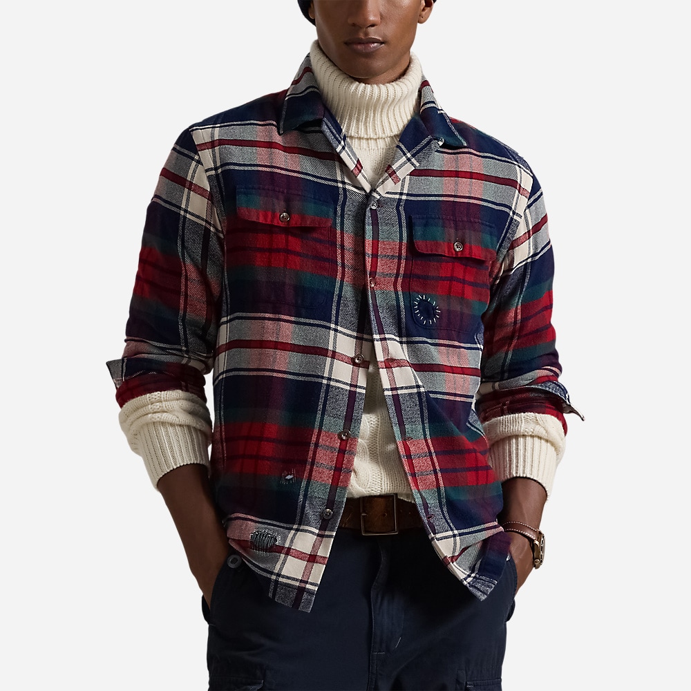 Classic Fit Plaid Flannel Camp Shirt - Red Green Multi