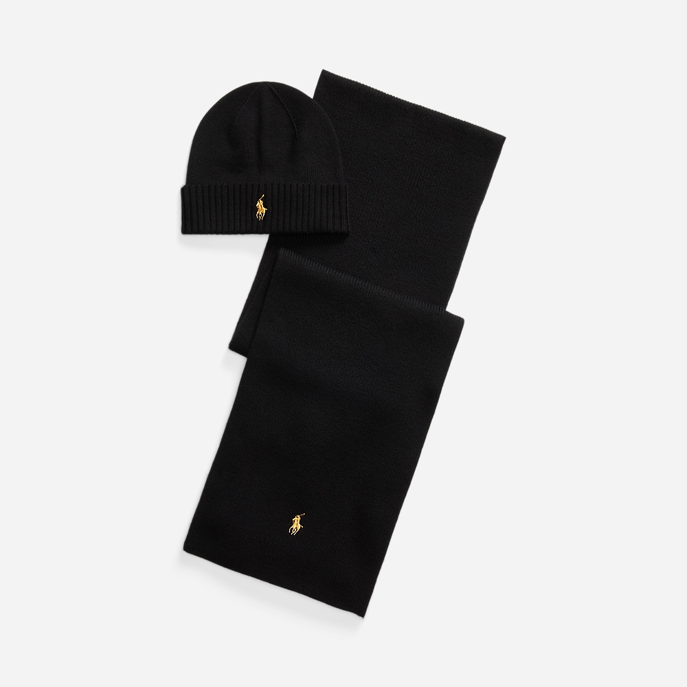 Merino Wool Beanie & Scarf Gift Set - Polo Black/Gold Pp