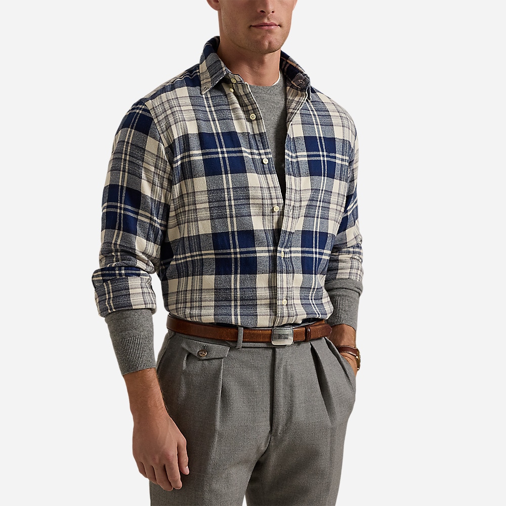 Custom Fit Plaid Brushed Flannel Shirt - 6553 Off White/Navy