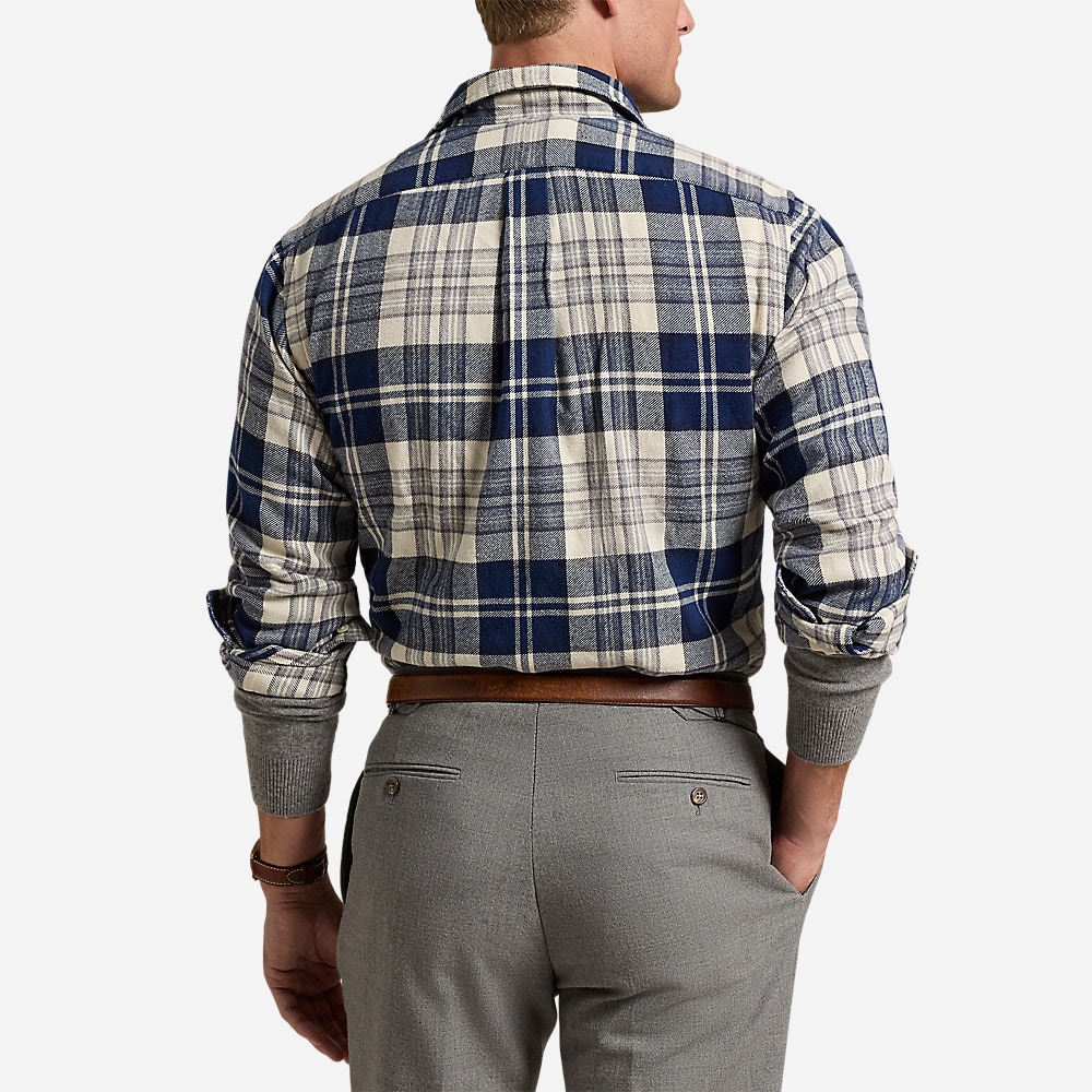Custom Fit Plaid Brushed Flannel Shirt - 6553 Off White/Navy