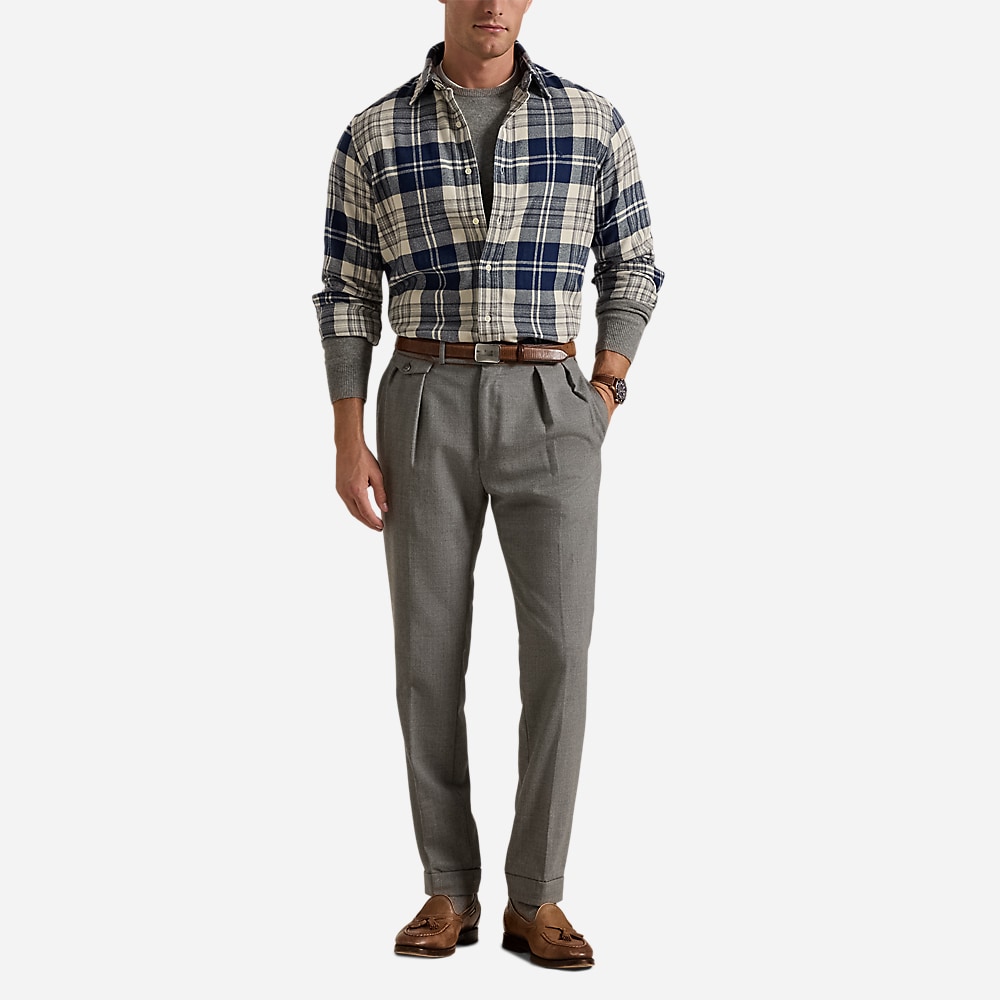 Custom Fit Plaid Brushed Flannel Shirt - 6553 Off White/Navy