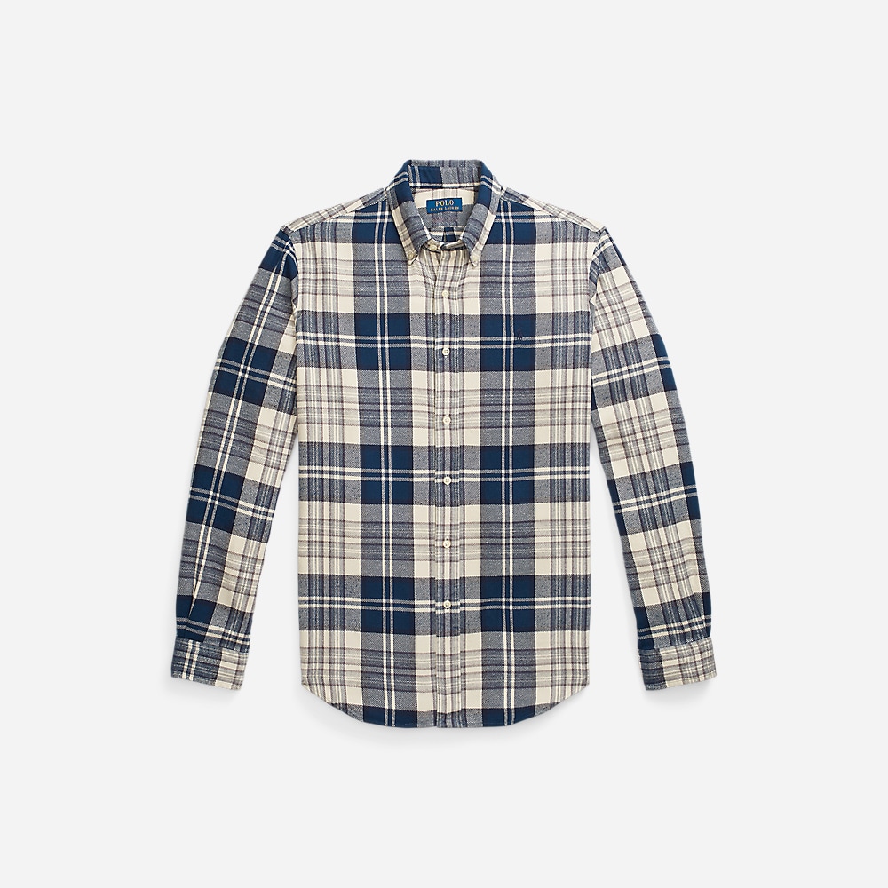 Custom Fit Plaid Brushed Flannel Shirt - 6553 Off White/Navy