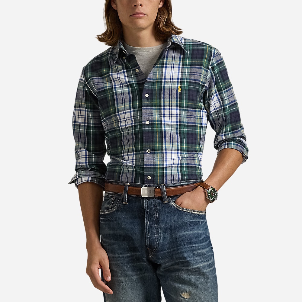 Custom Fit Plaid Sport Shirt - White/Green Multi
