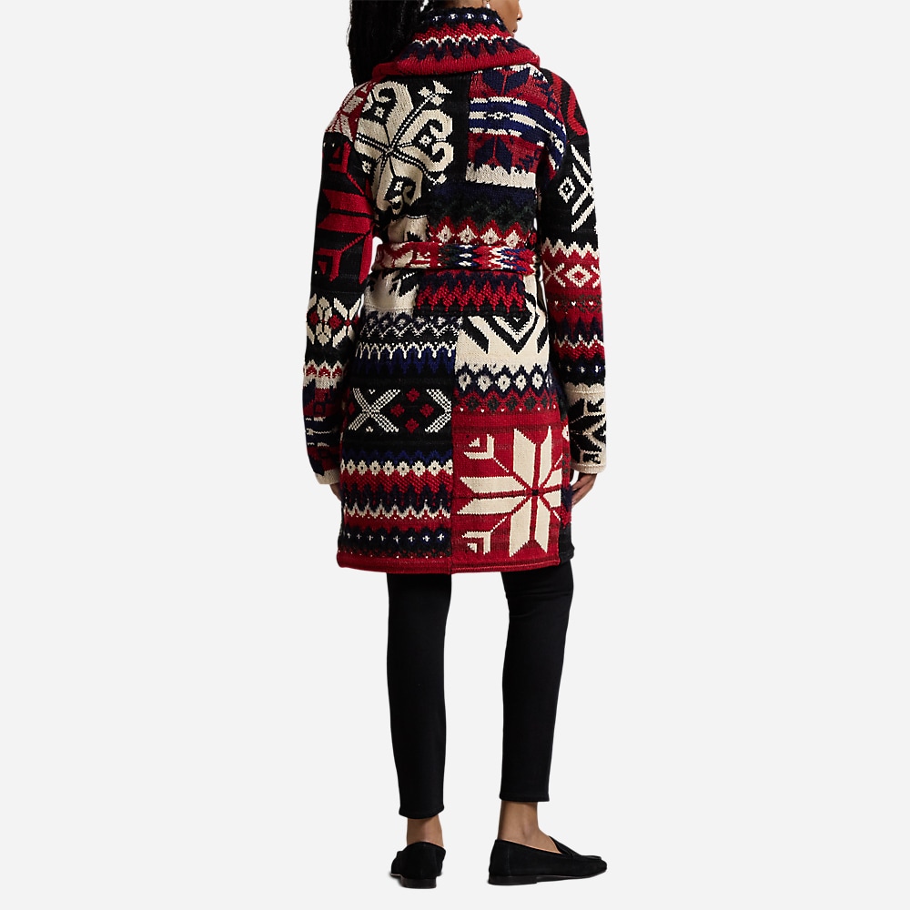 Snowflake-Motif Shawl-Collar Cardigan - Red Multi