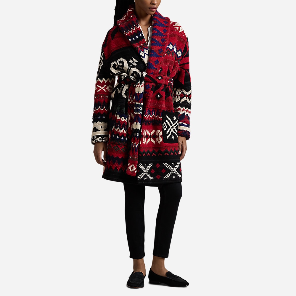 Snowflake-Motif Shawl-Collar Cardigan - Red Multi