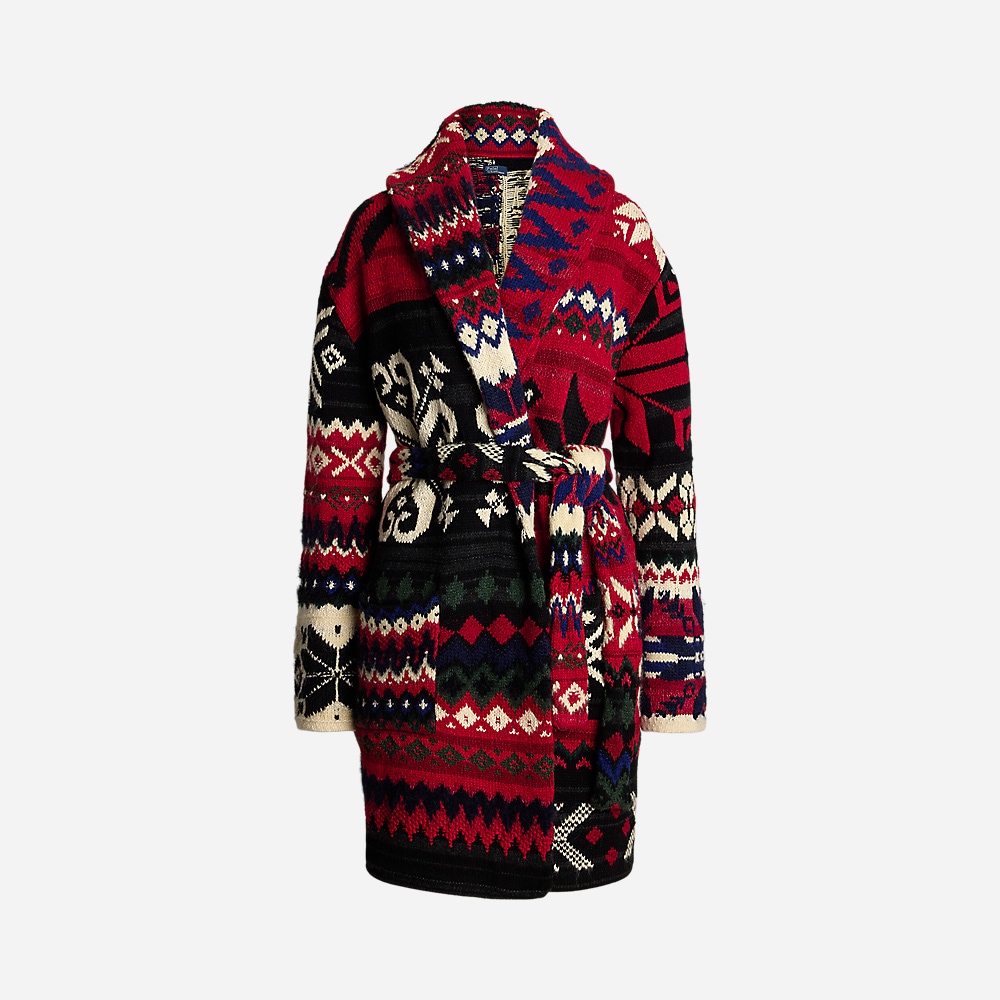 Snowflake-Motif Shawl-Collar Cardigan - Red Multi