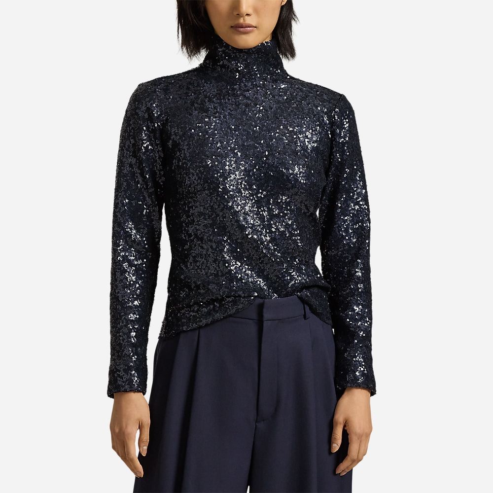Sequined Mesh Turtleneck - Deep Navy