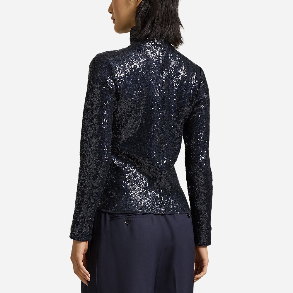 Sequined Mesh Turtleneck - Deep Navy