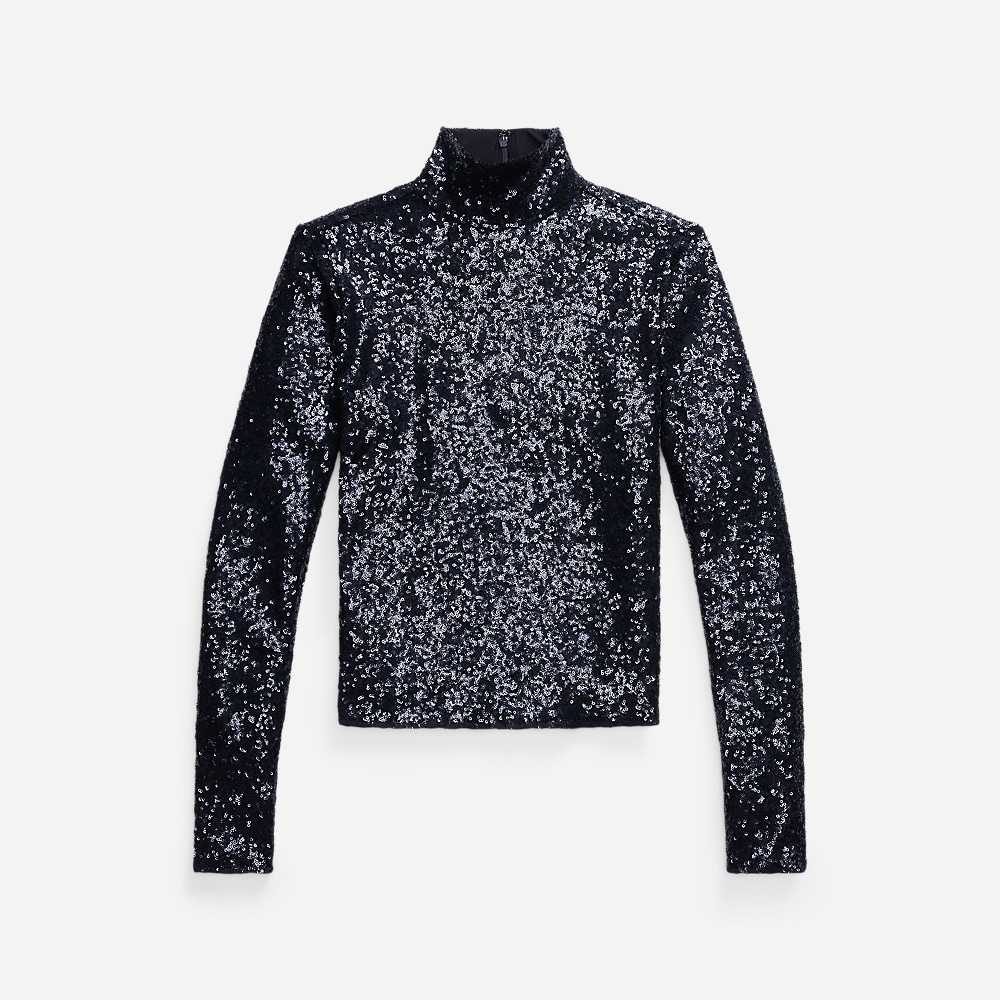Sequined Mesh Turtleneck - Deep Navy