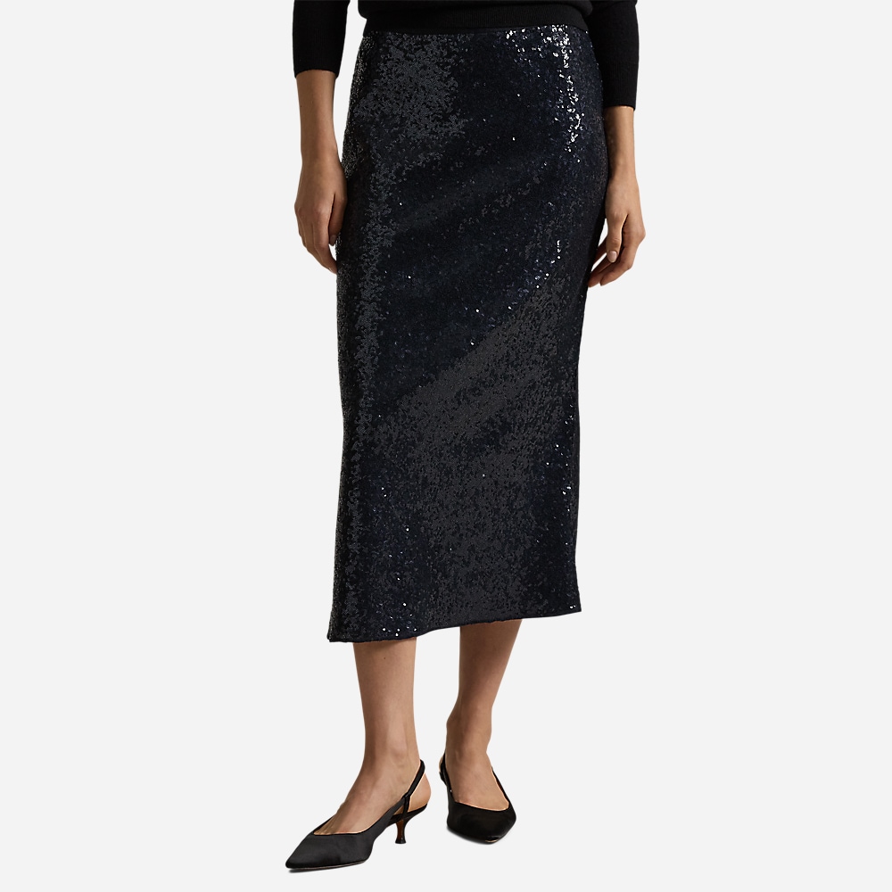 Sequined Stretch Mesh Skirt - Deep Navy