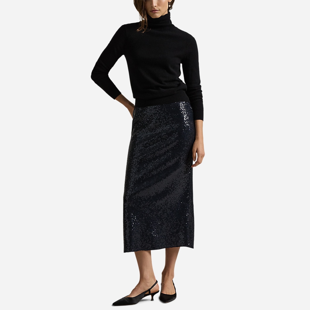 Sequined Stretch Mesh Skirt - Deep Navy