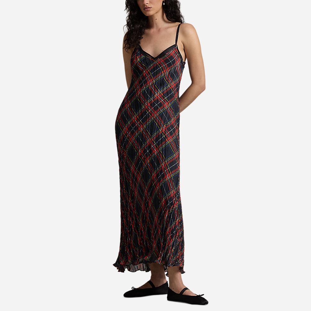 Plaid Crinkled Slip Dress - Red/Black Multi Plaid