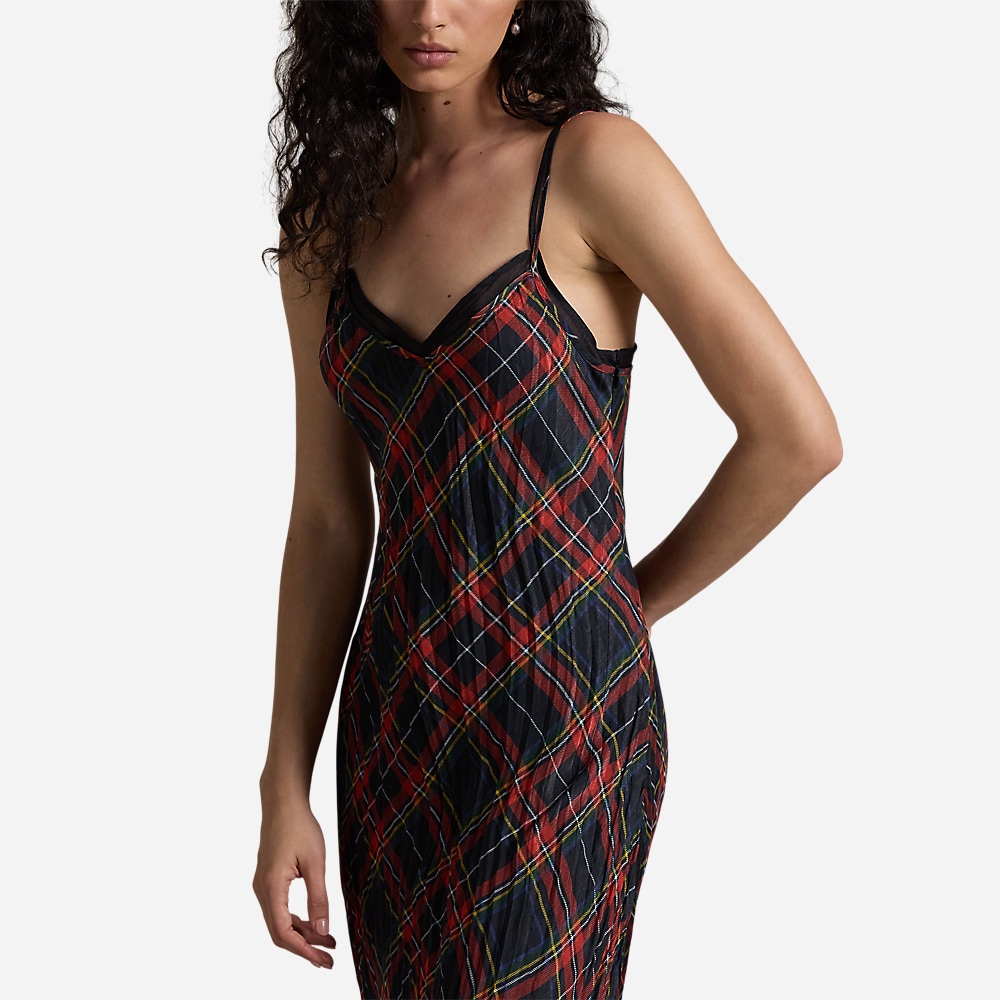 Plaid Crinkled Slip Dress - Red/Black Multi Plaid