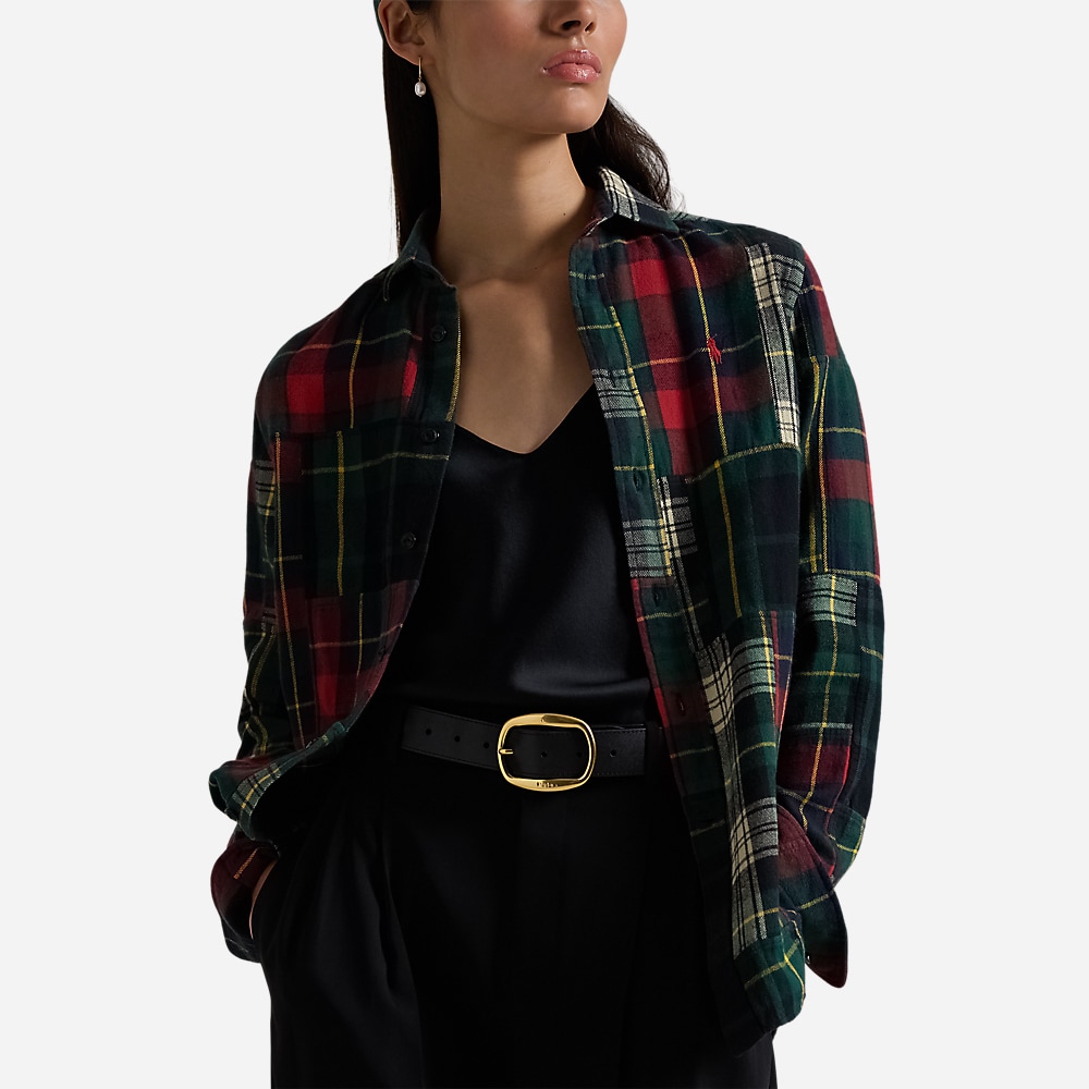 Slim Fit Patchwork Cotton Shirt - Patchwork Flannel