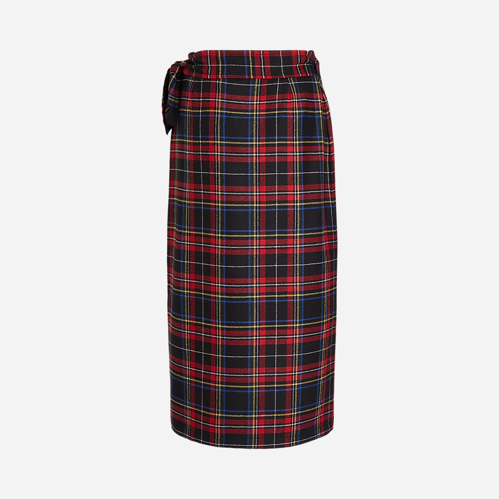 Plaid Wool-Blend Wrap Skirt - Red Black Multi Plaid