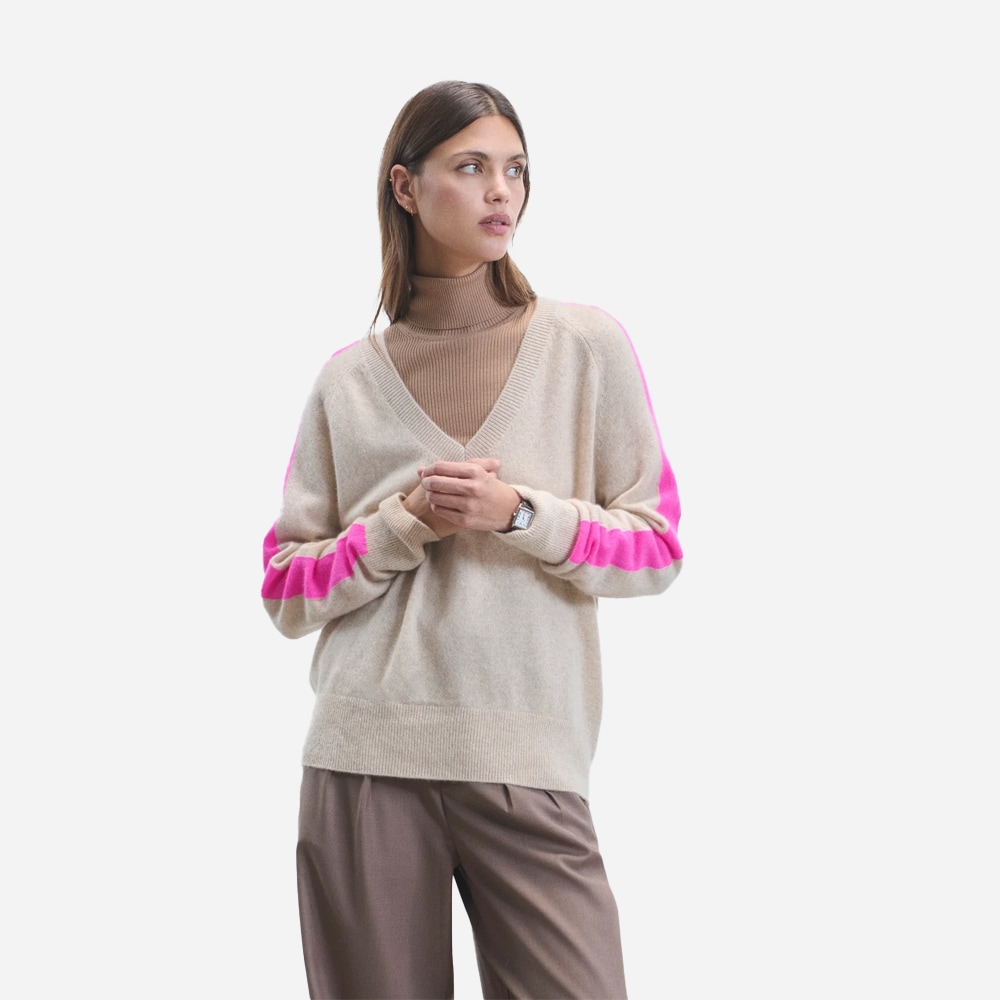 Block Stripe V-Neck Sweater - Beige Mouline