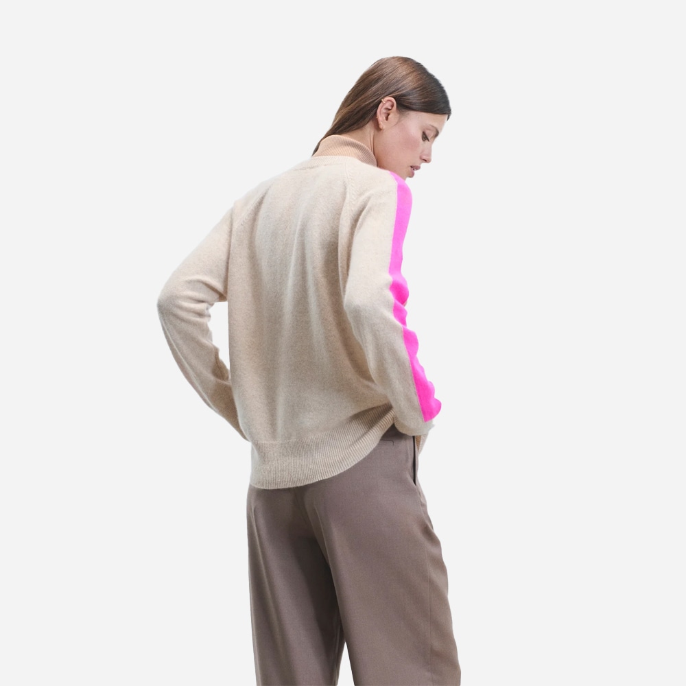 Block Stripe V-Neck Sweater - Beige Mouline