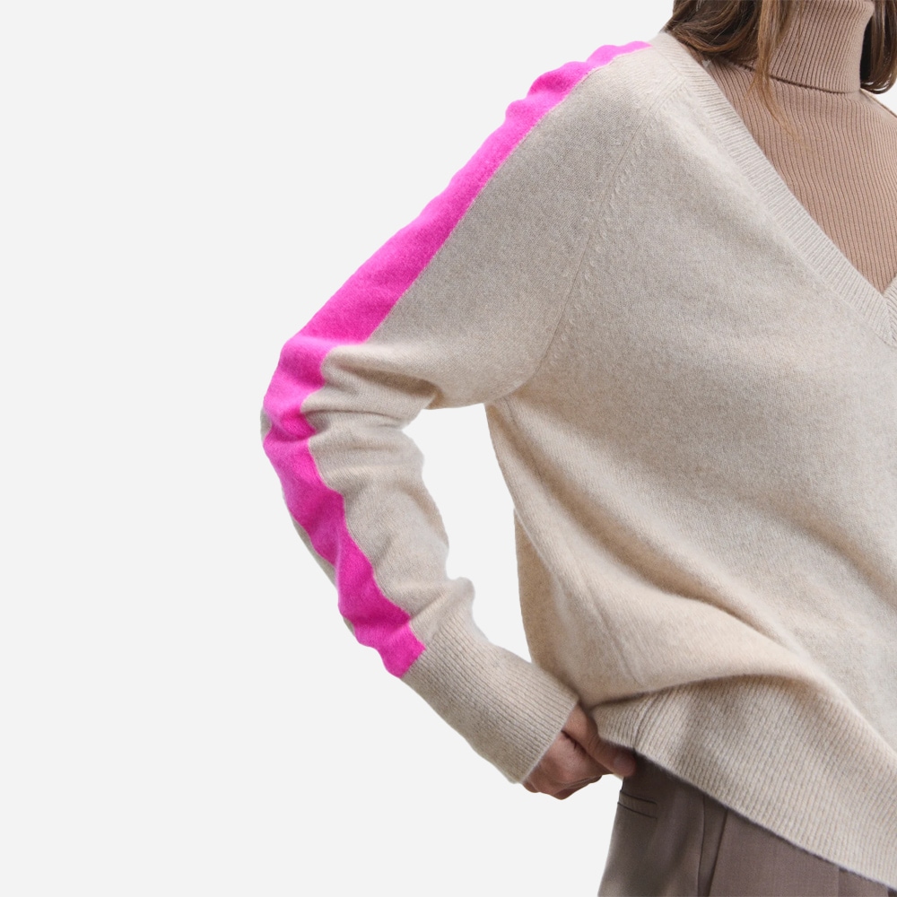 Block Stripe V-Neck Sweater - Beige Mouline