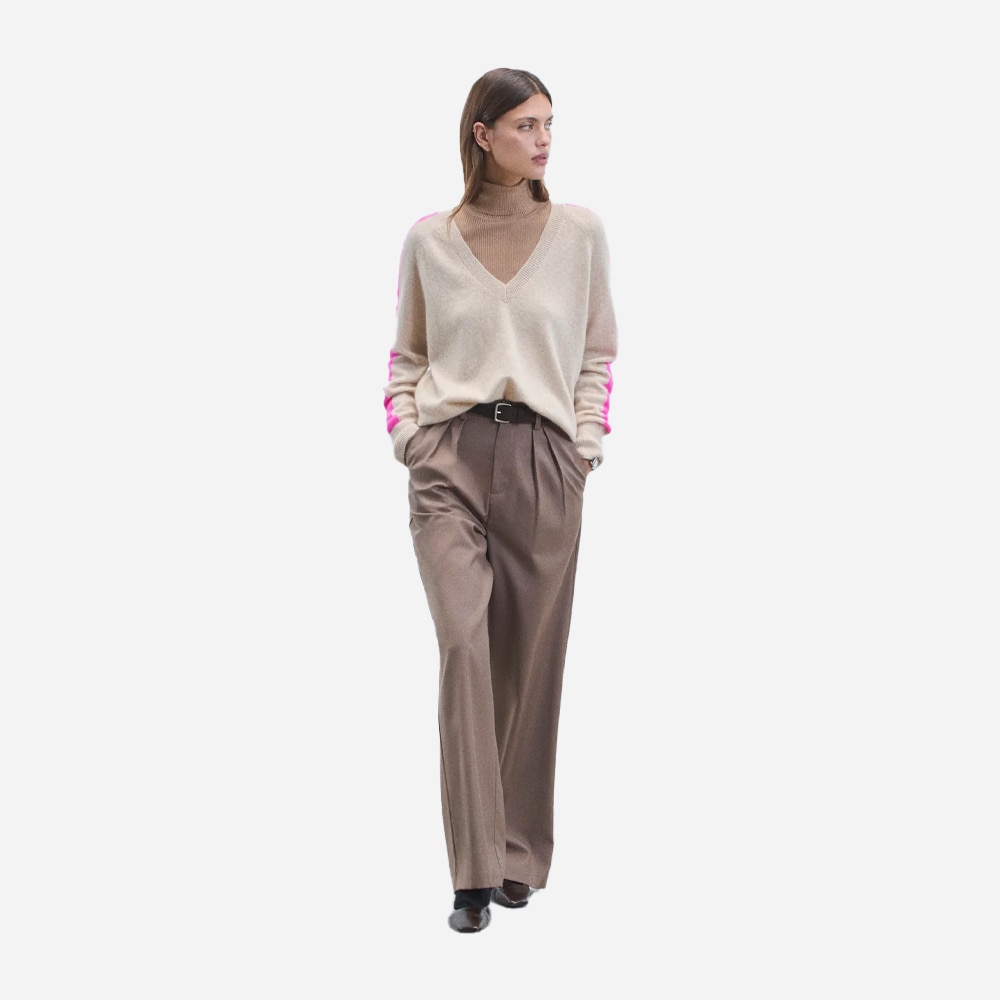 Block Stripe V-Neck Sweater - Beige Mouline